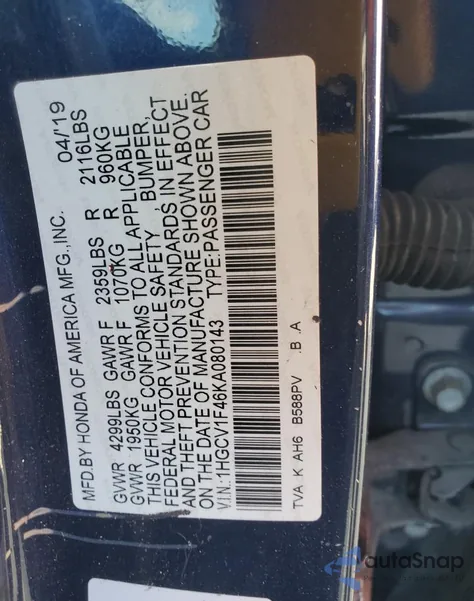 2019 Honda Accord Ex z USA, uszkodzony, nr VIN 1HGCV1F46KA080143